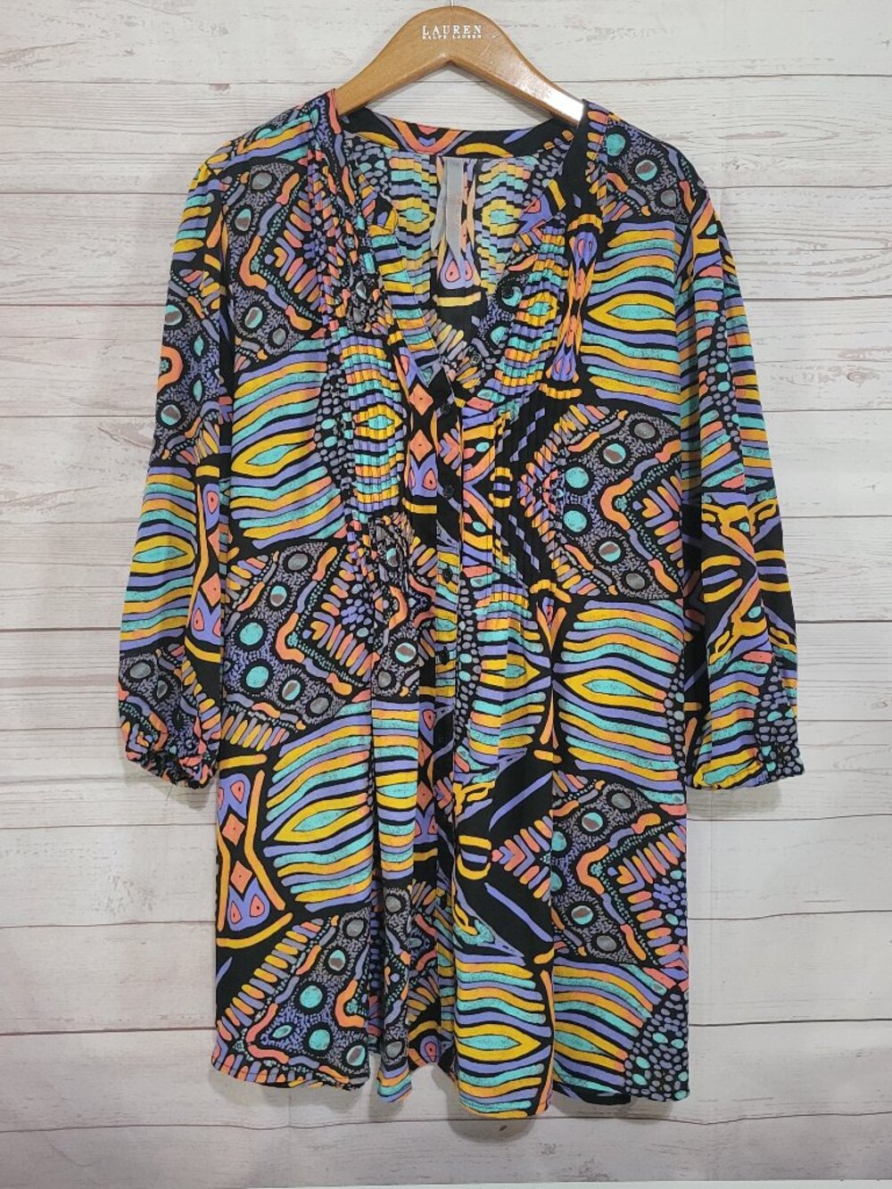 Melissa McCarty Seven7 Pintucked Tunic Top Womens 1X Abstract Button Front Boho